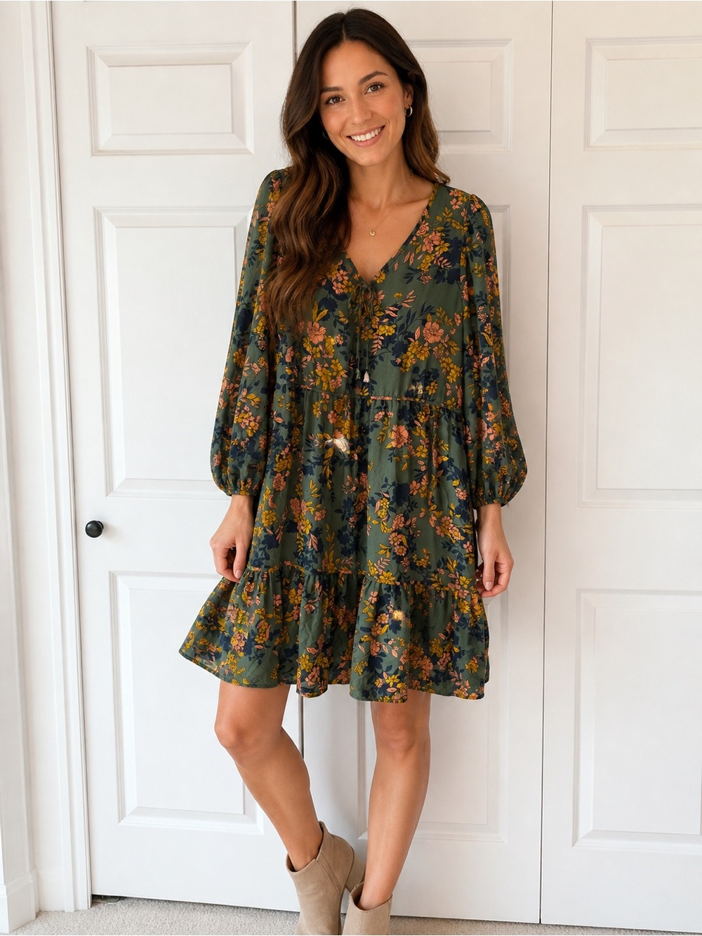 Nannette Olive Green Floral V-Neck Tiered Mini Dress